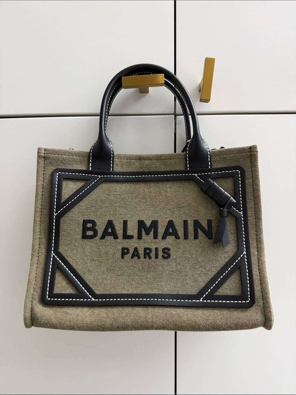 Balmain Olive Canvas Tote with Black Leather Trim